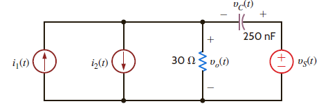 Draw the frequency-domain network and calculate v o ( t ) in the circuit shown in Fig. P8.25 if i 1 ( t ) is 200 cos (10 5 t + 60°) mA, i 2 ( t ) is 100 sin 10 5 ( t + 90°) mA, and v S ( t ) = 10 sin (10 5 t ) V. Also, use a phasor diagram to determine v C ( t ). Figure P8.25