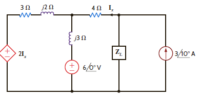Find Z L for maximum average power transfer and the value of the maximum average power transferred to Z L in Fig. E9.10.     Figure E9.10