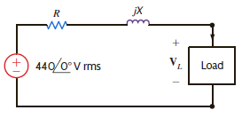 The source in Fig. E9.18 supplies 40 kW at a power factor of 0.9 lagging. The real and reactive losses of the transmission-line feeder are 1.6 kW and 2.1 kvar, respectively. Find the load voltage and the real and reactive power absorbed by the load.     Figure E9.18