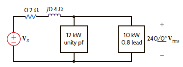Given the circuit in Fig. P9.85, find the power factor at the source and v s ( t ) if f = 60 Hz.     Figure P9.85