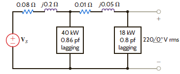 What value of capacitance must be placed in parallel with the 18-kW load in Problem 9.95 to raise the power factor of this load to 0.9 lagging Problem 9.95 Given the network in Fig. P9.95, compute the input source voltage and the input power factor. Figure P9.95