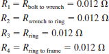 An inexperienced mechanic is installing a 12-V battery in a car. The negative terminal has been connected. He is currently tightening the bolts on the positive terminal. With a tight grip on the wrench, he turns it so that the gold ring on his finger makes contact with the frame of the car. This situation is modeled in Fig. P9.114, where we assume that the resistance of the wrench is negligible and the resistance of the contact is as follows: What power is quickly dissipated in the gold ring, and what is the impact of this power dissipation Figure P9.114