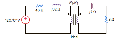 In the circuit in Fig. 10PFE-2, select the value of the transformer's turns ratio to achieve impedance matching for maximum power transfer. Using this value of n, calculate the power absorbed by the 3- resistor. a. 100.75 W b. 37.5 W c. 55.6 W d. 75 W Figure 10PFE-2
