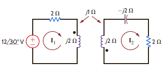 The network in Fig. E10.8 operates at 60 Hz. Compute the energy stored in the mutually coupled inductors at time t = 10 ms. Figure E10.8