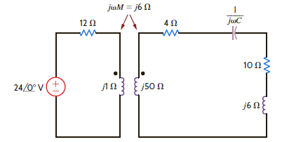 Given the network shown in Fig. P10.38, determine the value of the capacitor C that will cause the impedance seen by the 24 0° V voltage source to be purely resistive, f = 60 Hz.     Figure P10.38