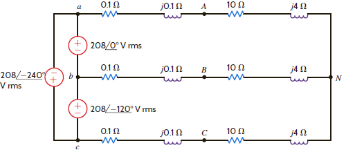 Consider the network shown in Fig. E11.7. Compute the magnitude of the line voltages at the load. Figure E11.7