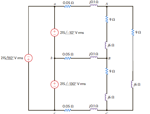 Find the magnitude of the line voitage at the load in Fig. E11.8.     Figure E11.8