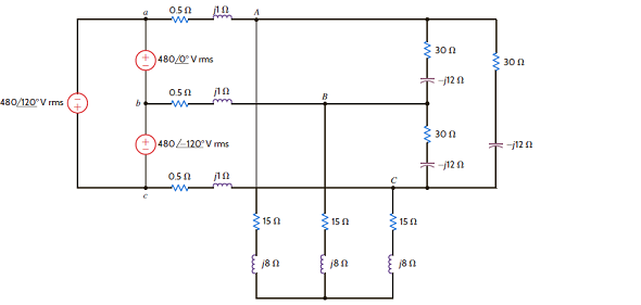 Find the line currents and the power absorbed by the delta-connected load in Fig. E11.10. Figure E11.10