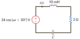 The series RLC circuit in Fig. P12.41 is driven by a variable-frequency source. If the resonant frequency of the network is selected as 0 = 1600 rad/s, find the value of C. In addition, compute the current at resonance and at 0 /4 and 4 0. Figure P12.41