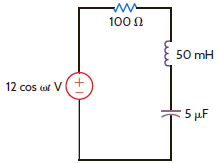 A variable-frequency voltage source drives the network in Fig. P12.52. Determine the resonant frequency, Q , BW, and the average power dissipated by the network at resonance. Figure P12.52