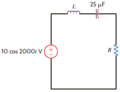 The network in Fig. P12.55 operates at a resonant frequency of = 2000 rad/s. Select the values for the unknown circuit elements so that the circuit has a Q = 40. Then find the value of the voltage across the capacitor. Figure P12.55