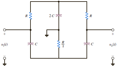 The circuit in Fig. P12.76 is a dual-T notch filter. It has an advantage over the filter in Example 12.21 in that it contains no inductors, which tend to be bulky and heavy. Derive the transfer function for this filter and verify your work for the component values C = 100 nF and R = 1590 . Figure P12.76 Example 12.21
