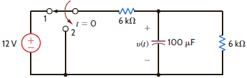 In the circuit in Fig. P13.58, the switch moves from position 1 to position 2 at t = 0. Use Laplace transforms to find v ( t ) for t 0. Figure P13.58