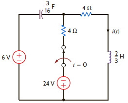 The switch in the circuit in Fig. P13.63 has been closed for a long time and is opened at t = 0. Find i ( t ) for t 0, using Laplace transforms. Figure P13.63