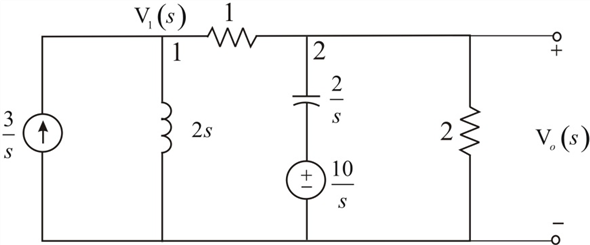 Refer to Figure E14.2 in the textbook. The Laplace transformed circuit is, Figure 1 The output voltage is the voltage across the resistance. The Thevenin's equivalent for the circuit can be calculated by removing the resistance. The resulting circuit is, Figure 2 From Figure 2 the current in the first loop is, Apply Kirchhoff's Voltage Law to loop 2. The Thevenin's equivalent voltage can be calculated as, The Thevenin equivalent resistance is calculated by replacing the sources in the network with their internal impedances. Figure 3 The equivalent impedance is, The Thevenin equivalent circuit is, Figure 4 Apply voltage division rule at output. Simplify the quadratic equation ' 'we get, The equation is, Express in a partial fraction expansion. The value of is, The value of is, The partial fraction expansion of is then Apply inverse Laplace transform. Thus, the value of the output voltage is, .