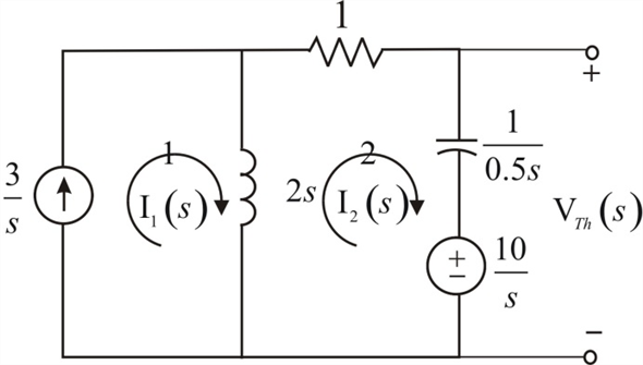Refer to Figure E14.2 in the textbook. The Laplace transformed circuit is, Figure 1 The output voltage is the voltage across the resistance. The Thevenin's equivalent for the circuit can be calculated by removing the resistance. The resulting circuit is, Figure 2 From Figure 2 the current in the first loop is, Apply Kirchhoff's Voltage Law to loop 2. The Thevenin's equivalent voltage can be calculated as, The Thevenin equivalent resistance is calculated by replacing the sources in the network with their internal impedances. Figure 3 The equivalent impedance is, The Thevenin equivalent circuit is, Figure 4 Apply voltage division rule at output. Simplify the quadratic equation ' 'we get, The equation is, Express in a partial fraction expansion. The value of is, The value of is, The partial fraction expansion of is then Apply inverse Laplace transform. Thus, the value of the output voltage is, .