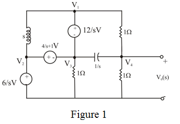 Refer to Figure P14.11 in the textbook. Convert elements into s-domain: Draw the circuit diagram in s-domain. Write the following equations using Figure 1. Apply nodal analysis at node . Substitute and expressions. Resolve into partial fractions. Determine the value of . Determine the value of . Determine the value of . The partial fraction expansion of is, Apply inverse Laplace transform. Therefore, the output voltage is .