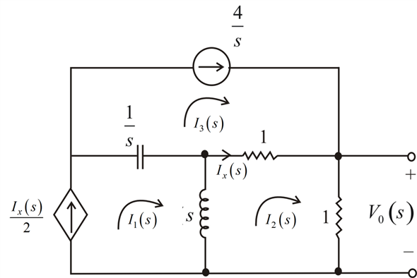 Refer to Figure P14.16 in the textbook. The Laplace transformed circuit is, Figure 1 From Figure 1, Apply Kirchhoff's Voltage Law to second mesh. The output voltage is expressed as, Resolve into partial fractions. The value of is, The value of is, The partial fraction expansion is, Apply inverse Laplace transform. Therefore, the output voltage is .
