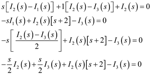 Refer to Figure P14.16 in the textbook. The Laplace transformed circuit is, Figure 1 From Figure 1, Apply Kirchhoff's Voltage Law to second mesh. The output voltage is expressed as, Resolve into partial fractions. The value of is, The value of is, The partial fraction expansion is, Apply inverse Laplace transform. Therefore, the output voltage is .