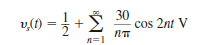 Determine the first three nonzero terms of the voltage v o ( t ) in the circuit in Fig. 15PFE-3 if the input voltage v s ( t ) is given by the expression Figure 15PFE-3 a. 8.54 cos (2 t + 26.57°) + 4.63 cos (4 t + 14.04°) + 3.14 cos (6 t + 9.46°) +... V b. 10.82 cos(2 t + 35.63°) + 6.25cos(4 t + 18.02°) + 2.16 cos (6 t + 30.27°) +... V c. 4.95cos(2 t 25.43°) + 3.19cos(4 t + 60.34°) + 1.78 cos (6 t 20.19°) +... V d. 7.35cos(2 t + 50.12°) + 4.61cos(4 t + 21.24°) + 2.28 cos (6 t 10.61°) +... V