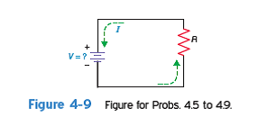 In Probs. 4.5 to 4.9, solve for the voltage, V , when I and R are known. As a visual aid, it may be helpful to insert the values of I and R into Fig. 4-9 when solving for V A lightbulb drawing 1.25 A of current has a resistance of 96 . How much is the voltage across the lightbulb