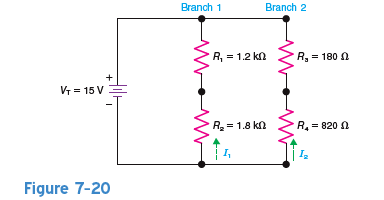 In Fig. 7-20, a. what is the total resistance of branch 1 b. what is the total resistance of branch 2 c. how much are the branch currents I 1 and I 2 d. how much is the total current, I T , in the circuit e. how much is the total resistance, R T , of the entire circuit f. what are the values of V 1 , V 2 , V 3 , and V 4