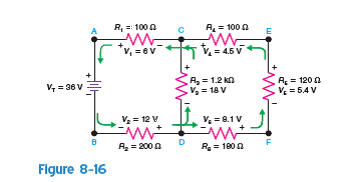 In Fig. 8-16, a. Write a KVL equation for the loop CEFDC going clockwise from point C. b. Write a KVL equation for the loop ACDBA going clockwise from point A. c. Write a KVL equation for the loop ACEFDBA going clockwise from point A.