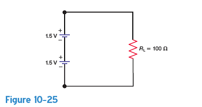 In Probs. 10-1 to 10-5, assume that each individual cell is identical and that the current capacity for each cell is not being exceeded for the load conditions presented. In Fig. 10-25, solve for the load voltage, V L, the load current, I L, and the current supplied by each cell in the battery.  