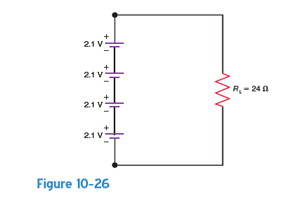 In Probs. 10-1 to 10-5, assume that each individual cell is identical and that the current capacity for each cell is not being exceeded for the load conditions presented. Repeat Prob. 10-1 for the circuit in Fig. 10-26.