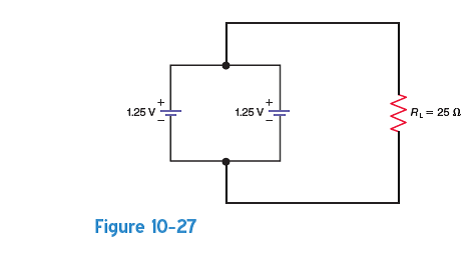 In Probs. 10-1 to 10-5, assume that each individual cell is identical and that the current capacity for each cell is not being exceeded for the load conditions presented. Repeat Prob. 10-1 for the circuit in Fig. 10-27.