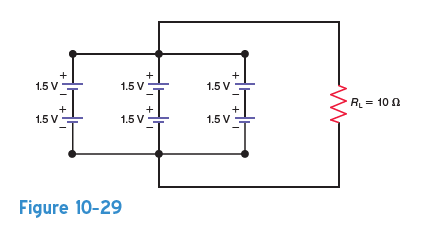 In Probs. 10-1 to 10-5, assume that each individual cell is identical and that the current capacity for each cell is not being exceeded for the load conditions presented. Repeat Prob. 10-1 for the circuit in Fig. 10-29.