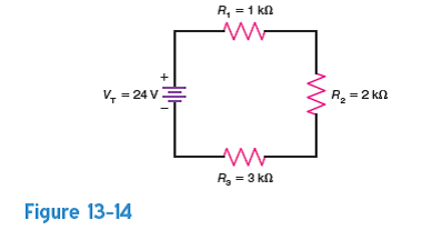 In Fig. 13-14, assume R 1 becomes open. How much is a. the total resistance, R T  b. the series current, I  c. the voltage across each resistor, R 1 , R 2 , and R 3  
