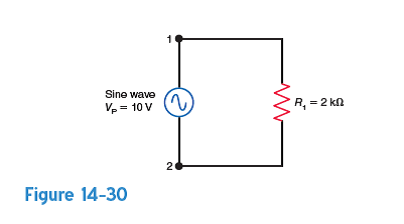 In Fig. 14-30, do electrons flow clockwise or counter clockwise in the circuit during a. the positive alternation  b. the negative alternation  Note: During the positive alternation, terminal 1 is positive with respect to terminal 2.  