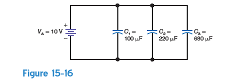 In Fig. 15-16, a. how much voltage is across each individual capacitor b. how much charge is stored by C 1 c. how much charge is stored by C 2 d. how much charge is stored by C 3 e. what is the total charge stored by all capacitors f. how much is C T
