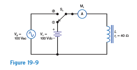 In Fig. 19-9, how much dc current will be indicated by the ammeter, M 1 , with S 1 in position 1