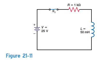 In Fig. 21-11, how long does it take the current, I , to reach its steady-state value after S 1 is closed A) 50 s. B) 250 s. C) 500 s. D) It cannot be determined.  