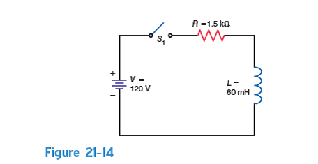 Assume that the switch, S 1 , in Fig. 21-14 has been closed for more than five L / R time constants. If a1-M resistor is placed across the terminals of the switch, calculate a. the approximate time constant of the circuit with S 1 open. b. the peak inductor voltage, V L , when S 1 is opened. c. how long it takes for the current to decay to zero after S 1 is opened (approximately).