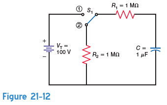 In Fig. 21-12, what is the time constant of the circuit with S 1 in position 1 A) 2 s. B) 5 s. C) 10 s. D) 1 s.