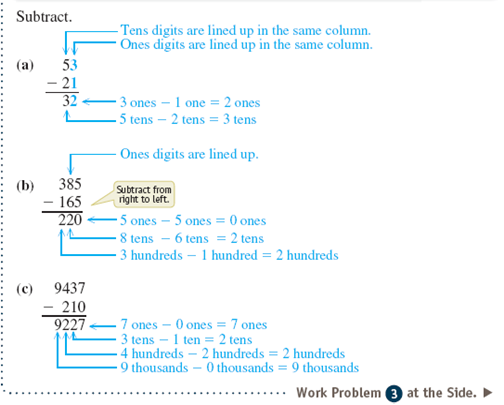 Work each subtraction problem. Use addition to check each answer. See Examples 1 and 2.      Example 1      Example 2    