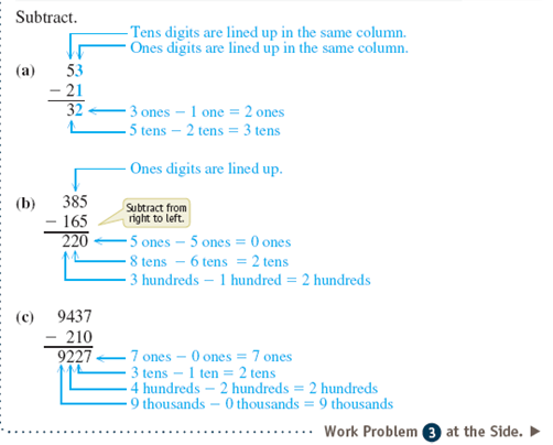 Work each subtraction problem. Use addition to check each answer. See Examples 1 and 2.      Example 1      Example 2    