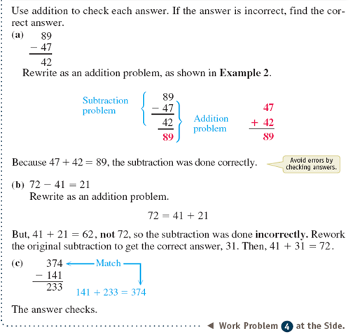 Work each subtraction problem. Use addition to check each answer. See Examples 1 and 2.      Example 1      Example 2    