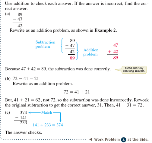 Work each subtraction problem. Use addition to check each answer. See Examples 1 and 2.      Example 1      Example 2    