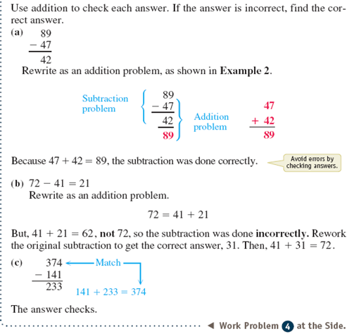 Work each subtraction problem. Use addition to check each answer. See Examples 1 and 2.      Example 1      Example 2    