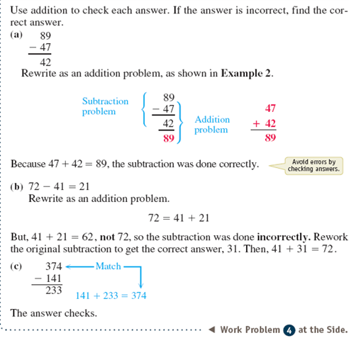 Use addition to check each subtraction problem. If an answer is not correct, find the correct answer. See Example.      Example    