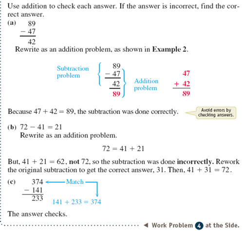 Use addition to check each subtraction problem. If an answer is not correct, find the correct answer. See Example.      Example    