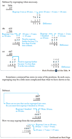 Subtract, regrouping when necessary. See Examples 1 3.      Example 1      Example 2      Example 3    