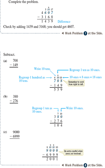 Subtract, regrouping when necessary. See Examples 1 3.      Example 1      Example 2      Example 3    