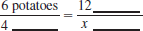 Complete the proportion for each situation in Exercises 1 and 2. Do not solve the proportion. When Linda makes potato salad, she uses 6 potatoes and 4 hard-boiled eggs. How many eggs will she need if she uses 12 potatoes Write the rest of the units in the proportion below.   