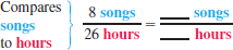 Set up and solve a proportion for each application problem. See Example 1.         The Cosmic Toads recorded eight songs on their first album in 26 hours. At this same rate, how long will it take them to record 14 songs for their second album    