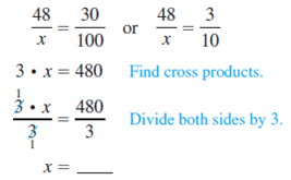 Find the whole using the percent proportion. See Example.  30% of what number of hay bales is 48 hay bales  part is 48; percent is 30; whole is unknown     Example      